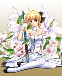 Rule 34 | 1girl, ahoge, arm support, artoria pendragon (all), artoria pendragon (fate), bare shoulders, blonde hair, blush, bow, breasts, caliburn (fate), cleavage, detached collar, detached sleeves, dress, fate/stay night, fate/unlimited codes, fate (series), female focus, flower, gloves, green eyes, hair bow, highres, holding, lily (flower), misaki kurehito, pantyhose, ponytail, saber (fate), saber lily, sheath, sheathed, shoes, short hair, sitting, solo, strapless, strapless dress, sword, type-moon, weapon, white dress, white pantyhose, yokozuwari, yumemi (kiowa)