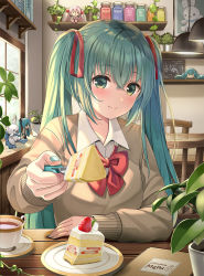Rule 34 | 1girl, banned artist, blush, bow, brown sweater, cake, cake slice, chair, closed mouth, collared shirt, commentary, cup, day, dress shirt, feeding, food, fork, green eyes, green hair, hair ribbon, hatsune miku, highres, holding, holding fork, incoming food, indoors, long hair, long sleeves, looking at viewer, menu, plant, potted plant, red bow, red ribbon, revision, ribbon, sakura miku, saucer, shelf, shirt, sitting, sleeves past wrists, smile, solo, sweater, table, teacup, twintails, very long hair, vocaloid, white shirt, window, yuuka nonoko