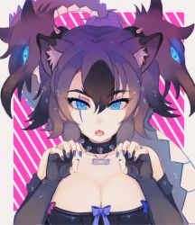 Rule 34 | 10s, 1girl, ancolatte (onikuanco), animal ears, bare shoulders, black gloves, black hair, blue nails, blush, breasts, cerberus (kemono friends), character name, claw pose, cleavage, collar, collarbone, commentary, dog ears, elbow gloves, extra ears, fingerless gloves, gloves, glowing, greek text, hair between eyes, hair ornament, highres, kemono friends, large breasts, looking at viewer, multicolored hair, nail polish, open mouth, purple hair, scar, scar across eye, scar on face, sharp teeth, solo, spiked collar, spikes, tail, teeth, thick eyebrows, twintails, two-tone hair, upper body