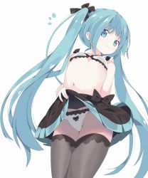 Rule 34 | 1girl, black bow, black skirt, blue eyes, blush, bow, bow bra, bow panties, bra, breasts, closed mouth, clothes lift, commentary request, flying sweatdrops, green hair, grey thighhighs, hair bow, hatsune miku, highres, lifting own clothes, long hair, looking at viewer, navel, panties, pleated skirt, sidelocks, simple background, skirt, skirt lift, small breasts, solo, sweat, tantan men (dragon), thighhighs, twintails, underwear, very long hair, vocaloid, white background, white bra, white panties