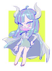 Rule 34 | 1girl, ahoge, blue eyes, blue hair, blue skirt, capelet, chibi, covered mouth, curled horns, dinosaur girl, horns, jewelry, long hair, mask, mouth mask, multicolored eyes, multicolored hair, necklace, one piece, pink eyes, pink hair, pink mask, raine (acke2445), red footwear, shirt, shirt tucked in, skirt, solo, streaked hair, ulti (one piece), white capelet, white shirt