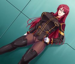Rule 34 | 0byte, 1girl, beatrice kushan, blush, boots, breasts, curvy, gloves, hand on own hip, kangoku senkan, kangoku senkan 3, large breasts, long hair, looking to the side, military, military uniform, purple eyes, red hair, shiny clothes, solo, uniform, very long hair