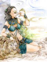 Rule 34 | 1girl, andou miki, animal, armlet, bracelet, brown hair, copyright request, closed eyes, eyeshadow, full body, jewelry, kawatsuki, legs, lion, long hair, lots of jewelry, makeup, midriff, nail polish, navel, outdoors, ponytail, real life, revealing clothes, ring, sleeping, snake, solo, stomach