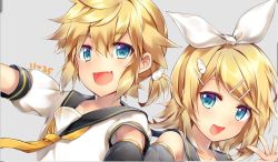 Rule 34 | 1boy, 1girl, bare shoulders, bass clef, black collar, black sleeves, blonde hair, blue eyes, bow, brother and sister, collar, commentary, detached sleeves, fang, good twins day, grey background, hair bow, hair ornament, hairclip, kagamine len, kagamine rin, leeannpippisum, looking at viewer, neckerchief, necktie, open mouth, portrait, sailor collar, school uniform, shirt, short hair, short ponytail, short sleeves, siblings, sleeveless, sleeveless shirt, smile, spiked hair, swept bangs, twins, vocaloid, waving, white bow, white shirt, yellow neckerchief