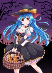 Rule 34 | 1girl, alternate costume, arm warmers, bat wings, black dress, blue hair, breasts, candy, cleavage, cowboy shot, dress, food, frilled dress, frills, haiiro shimeji, halloween bucket, halloween costume, hat, highres, koga (oshiro project), large breasts, lollipop, long hair, looking at viewer, oshiro project:re, oshiro project:re, red eyes, sleeveless, sleeveless dress, smile, solo, wings, witch hat