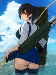 Rule 34 | 10s, 1girl, arrow (projectile), ass, black hair, black thighhighs, bow (weapon), brown eyes, clothes lift, cloud, day, from behind, japanese clothes, kaga (kancolle), kantai collection, long hair, looking at viewer, looking back, muneate, panties, pupps, side ponytail, skirt, skirt lift, solo, thighhighs, underwear, upskirt, wading, water, weapon, wet, white panties