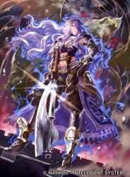 Rule 34 | 1girl, aura, axe, belt, boots, breasts, camilla (fire emblem), castle, dragon, female focus, fire emblem, fire emblem cipher, fire emblem fates, gauntlets, hair over one eye, high heel boots, high heels, large breasts, long hair, looking at viewer, marzia (fire emblem if), mayo (becky2006), midriff, multiple belts, navel, nintendo, purple eyes, purple hair, smirk, tiara, very long hair, wavy hair, weapon, wyvern