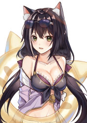 Rule 34 | 1girl, animal ear fluff, animal ears, arms behind back, black hair, breasts, cat ears, cat girl, cleavage, collarbone, eyewear on head, fang, green eyes, hair between eyes, halterneck, highres, innertube, karyl (princess connect!), karyl (summer) (princess connect!), long hair, looking at viewer, medium breasts, midriff, muki (muki kunxd), multicolored hair, navel, open mouth, princess connect!, simple background, solo, stomach, streaked hair, sunglasses, swim ring, upper body, very long hair, white background