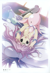 Rule 34 | 1girl, :d, absurdres, bed, bed sheet, bracelet, breasts, cleavage, downblouse, dutch angle, fujiwara warawara, girl&#039;s avenue, glasses, highres, indoors, jewelry, looking at viewer, megami magazine, on bed, open mouth, pink hair, purple eyes, purple hair, smile, solo, stuffed animal, stuffed toy, sunlight, thighhighs, window