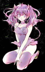 Rule 34 | 1girl, bat wings, black background, choker, demon girl, demon horns, demon tail, earrings, frilled choker, frills, full body, horns, jewelry, kashimaya, leotard, looking to the side, original, purple choker, purple eyes, purple hair, purple leotard, purple thighhighs, retro artstyle, seiza, sitting, solo, tail, thighhighs, wings
