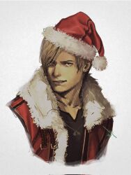 Rule 34 | 1boy, bell, black shirt, blonde hair, earrings, ericson blum, fur-trimmed headwear, fur-trimmed jacket, fur trim, grey background, hat, highres, jacket, jewelry, leon s. kennedy, looking at viewer, male focus, neck bell, parted bangs, parted lips, red hat, red jacket, resident evil, santa costume, santa hat, shirt, short hair, single earring, smirk, solo, swept bangs, upper body, white fur