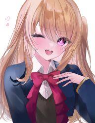 Rule 34 | 1girl, absurdres, amatsuki luna, blonde hair, blue jacket, blush, bow, commentary request, heart, highres, hoshino ruby, jacket, long hair, one eye closed, open mouth, oshi no ko, pink eyes, red bow, school uniform, shirt, side ponytail, simple background, solo, star-shaped pupils, star (symbol), symbol-shaped pupils, white shirt