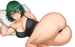 Rule 34 | 1girl, ass, bare shoulders, black camisole, black panties, blush, breasts, camisole, cetta (cettadvd), cleavage, fubuki (one-punch man), green eyes, green hair, hair between eyes, highres, kneepits, large breasts, looking at viewer, lying, on side, one-punch man, panties, parted lips, pillow, short hair, simple background, solo, spaghetti strap, strap slip, teeth, thighs, thong, twisted torso, underwear, white background