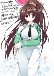 Rule 34 | 1girl, black necktie, breasts, brown hair, cherry blossoms, cosplay, dated, dress, kantai collection, large breasts, long hair, long sleeves, looking at viewer, mahouka koukou no rettousei, necktie, ponytail, purinpurin, red eyes, shiba miyuki, shiba miyuki (cosplay), solo, translated, very long hair, yamato (kancolle)