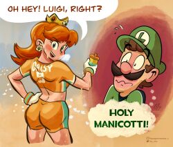 Rule 34 | 1boy, 1girl, accidental pervert, ass, blue eyes, blush, breasts, brown hair, character name, cory g, crown, earrings, facial hair, flower earrings, grin, hand on own hip, hat, highres, jewelry, looking back, luigi, mario (series), medium breasts, midriff, mustache, nervous, nintendo, open mouth, orange hair, princess daisy, shorts, smile, standing, super mario strikers, sweat, talking, tomboy