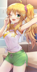 Rule 34 | 1girl, ;d, absurdres, ahoge, arm up, armpit peek, blonde hair, blush, breasts, cabinet, commentary request, commission, cowboy shot, dolphin shorts, green eyes, green shorts, hair ornament, hair scrunchie, hand on own face, highres, hoshii miki, idolmaster, idolmaster (classic), indoors, kitchen, long hair, looking at viewer, medium breasts, navel, notice lines, one eye closed, open mouth, outstretched arm, pixiv commission, scrunchie, shirt, short shorts, shorts, shuucream (syuichi), side ponytail, sidelocks, sleeveless, sleeveless shirt, smile, solo, table, tied shirt, white shirt