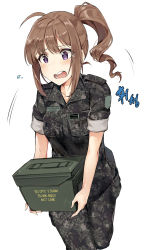 Rule 34 | 1girl, ahoge, ammunition box, blush, breasts, brown hair, camouflage, collared shirt, commentary, commission, cowboy shot, digital camouflage, flying teardrops, highres, holding, idolmaster, idolmaster million live!, medium breasts, military, military uniform, name tag, open mouth, pants, ponytail, purple eyes, shirt, simple background, solo, standing, tears, tuxedo de cat, uniform, unmoving pattern, white background, yokoyama nao