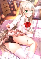 Rule 34 | 1girl, :o, ahoge, arm support, ass, ball, baseball bat, basketball, basketball (object), black panties, blush, bow, breasts, buttons, cameltoe, checkered clothes, checkered skirt, chestnut mouth, clothes lift, dress shirt, green eyes, gym storeroom, haiyore! nyaruko-san, highres, huge ahoge, indoors, lace, lace-trimmed panties, lace trim, lifted by self, long hair, long sleeves, looking at viewer, looking back, lying, mat, no bra, nyarlathotep (nyaruko-san), on side, open mouth, panties, pleated skirt, presenting, school uniform, shade, shirt, sideboob, silver hair, skirt, skirt lift, small breasts, solo, swordsouls, thighhighs, thighhighs pull, underwear, upskirt, vaulting horse, very long hair, volleyball, volleyball (object), white shirt, white thighhighs, wooden floor