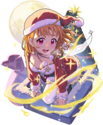 Rule 34 | 1girl, breasts, christmas, christmas ornaments, cleavage, hat, looking at viewer, love live!, love live! sunshine!!, medium hair, orange hair, red eyes, red hat, santa costume, santa hat, solo, takami chika, transparent background, waste-man