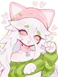 Rule 34 | animal ears, cat, cat ears, cat tail, cattail (plants vs zombies), chikomokii, collar, furry, furry female, green shirt, heart, highres, open mouth, pink headwear, pink pupils, plants vs zombies, shirt, tail, white fur, white hair, yellow eyes