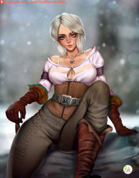 Rule 34 | 1girl, breasts, ciri, didi esmeralda, freckles, gloves, green eyes, jewelry, lips, long hair, looking at viewer, makeup, medium breasts, necklace, pants, scar, short hair, silver hair, solo, sword, the witcher (series), the witcher 3, weapon