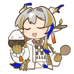 Rule 34 | 1girl, arknights, blush stickers, bowl, brown hair, brown horns, chibi, closed eyes, colored skin, cropped torso, dragon girl, dragon horns, earrings, flat color, grey hair, hair intakes, highres, holding, holding bowl, horns, jacket, jewelry, long hair, long sleeves, multicolored hair, necklace, no nose, open clothes, open jacket, open mouth, pointy ears, purple hair, purple horns, rice, rice bowl, shamoji, shu (arknights), simple background, smile, solo, upper body, white background, white horns, white jacket, yitiaoyuwe