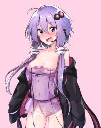 Rule 34 | 1girl, ahoge, bare shoulders, black jacket, breasts, chipa (arutana), cleavage, collarbone, commentary request, covered navel, cowboy shot, dress, embarrassed, frilled dress, frills, gluteal fold, groin, hair between eyes, hair ornament, highres, jacket, long sleeves, looking at viewer, medium breasts, microphone, no panties, off shoulder, open clothes, open jacket, open mouth, purple dress, purple eyes, purple hair, revision, see-through, short hair with long locks, simple background, sleeves past fingers, sleeves past wrists, solo, standing, strap slip, vocaloid, voiceroid, wavy mouth, white background, yuzuki yukari