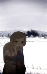 Rule 34 | 2girls, holding another&#039;s arm, blush, breath, brown eyes, brown hair, coat, earmuffs, highres, long hair, mizu asato, mountain, multiple girls, open mouth, original, rural, scarf, scenery, short hair, smile, snow, winter, winter clothes