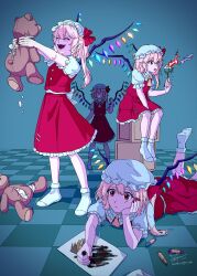 Rule 34 | 4girls, :o, absurdres, ascot, blonde hair, buttons, closed eyes, closed mouth, collared shirt, commentary request, crate, crayon, crystal, fangs, fingernails, fire, flandre scarlet, flower, frilled shirt collar, frilled skirt, frilled sleeves, frills, happy, hat, highres, holding, holding flower, hoshiringo0902, leg up, lying, medium hair, mob cap, multiple girls, nail polish, on stomach, one side up, open mouth, paper, puffy short sleeves, puffy sleeves, red eyes, red nails, red skirt, red vest, shirt, short sleeves, sitting, skirt, skirt set, smile, socks, standing, stuffed animal, stuffed toy, surprised, teddy bear, tile floor, tiles, touhou, vest, white hat, white socks, wings, yellow ascot