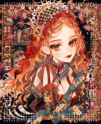 Rule 34 | 1girl, breasts, cleavage, collar, crown, elbow gloves, floral print, flower, framed, frilled collar, frills, gloves, highres, large breasts, leaning forward, lipstick, long hair, looking at viewer, makeup, orange eyes, orange hair, original, painting (medium), red lips, remon (10112), smile, solo, traditional media, veil, watercolor (medium), wavy hair