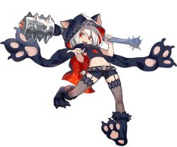 Rule 34 | 1girl, animal ears, animal hood, ark order, belt, black cape, black footwear, black scarf, black shirt, black shorts, cape, cerberus (ark order), chain, club (weapon), cuffs, dog ears, fake animal ears, full body, fur-trimmed footwear, fur trim, garter straps, hades (ark order), holding, holding weapon, hood, hood up, hooded cape, kzhu, looking at viewer, official art, paw shoes, pawpads, red eyes, scarf, shirt, shoes, short hair, shorts, skull, solo, spiked belt, tachi-e, thighhighs, transparent background, weapon, white hair, wrist cuffs