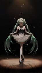 Rule 34 | 1girl, aqua hair, black bow, black footwear, black hairband, bow, bowing, commentary, dress, elbow gloves, english commentary, gloves, hair between eyes, hairband, hatsune miku, high heels, highres, long hair, miku symphony (vocaloid), one eye closed, pleated dress, reflection, reflective floor, solo, thighhighs, twintails, very long hair, vocaloid, white dress, white gloves, white thighhighs, wooden floor, yoru yoru13
