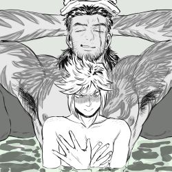 Rule 34 | 10s, 2boys, armpits, blush, body hair, closed eyes, final fantasy, final fantasy xv, gladiolus amicitia, male focus, multiple boys, muscular, nipples, nyoh0, pectorals, prompto argentum, scar, sitting, sitting on person, smile, tattoo, towel, water, wet, yaoi
