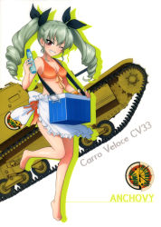 Rule 34 | 10s, 1girl, ;d, absurdres, anchovy (girls und panzer), apron, bikini, bikini skirt, black ribbon, bottle, breasts, brown eyes, carro veloce cv-33, caterpillar tracks, character name, cleavage, collarbone, drill hair, front-tie bikini top, front-tie top, full body, girls und panzer, green hair, grin, hair between eyes, hair ribbon, highres, holding, holding bottle, jumping, leg up, long hair, looking at viewer, medium breasts, military, military vehicle, motor vehicle, official art, one eye closed, open mouth, orange bikini, orange ribbon, ramune, ribbon, shiny skin, sideboob, simple background, smile, solo, standing, standing on one leg, swimsuit, tank, twin drills, white apron, white background