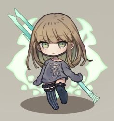 Rule 34 | 1boy, asymmetrical legwear, black shirt, brown background, brown hair, chibi, chiroru (tyrol009), closed mouth, full body, green eyes, green legwear, gretel (sinoalice), hair between eyes, holding, holding polearm, holding spear, holding weapon, long hair, long sleeves, looking at viewer, mask, mismatched legwear, mouth mask, polearm, reality arc (sinoalice), shirt, simple background, sinoalice, solo, spear, striped clothes, striped legwear, striped thighhighs, thighhighs, trap, vertical-striped clothes, vertical-striped thighhighs, weapon