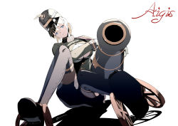 Rule 34 | 1girl, blonde hair, blue eyes, breasts, bthx, cannon, cleavage cutout, clothing cutout, female focus, foreshortening, highres, large breasts, marching band, persis (sennen sensou aigis), sennen sensou aigis, shadow, simple background, sitting, solo, thighhighs, wheel, white background