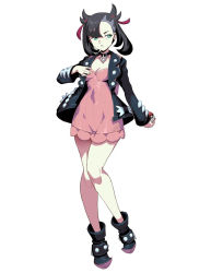 Rule 34 | 1girl, asymmetrical bangs, black hair, black jacket, breasts, choker, cleavage, creatures (company), curvy, dress, female focus, full body, game freak, genzoman, green eyes, holding, holding poke ball, jacket, long hair, marnie (pokemon), nintendo, pink dress, poke ball, poke ball (basic), pokemon, pokemon swsh, simple background, solo, standing, twintails, white background