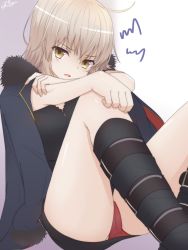 Rule 34 | 1girl, ahoge, ass, bad id, bad pixiv id, black dress, black footwear, black jacket, blush, boots, brown background, brown eyes, cameltoe, commentary request, dress, fate/grand order, fate (series), fur-trimmed jacket, fur trim, gradient background, hair between eyes, hand on own knee, head tilt, highres, jacket, jacket on shoulders, jeanne d&#039;arc (fate), jeanne d&#039;arc alter (fate), jeanne d&#039;arc alter (ver. shinjuku 1999) (fate), knee boots, light brown hair, looking at viewer, official alternate costume, panties, parted lips, ramchi, red panties, signature, sitting, sleeveless, sleeveless dress, solo, thighs, underwear, white background