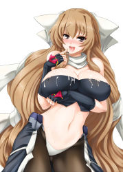 Rule 34 | 1girl, aoi kimi, areola slip, bare shoulders, black eyes, black pantyhose, blush, breast hold, breasts, brown hair, cleavage, covered erect nipples, cum, cum in mouth, cum on clothes, fingerless gloves, gloves, hair ribbon, highres, huge breasts, kyoukaisenjou no horizon, large breasts, long hair, looking at viewer, midriff, naughty face, navel, nekoi hikaru, open mouth, pantyhose, ribbon, smile, solo, tongue, tongue out, very long hair