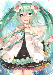Rule 34 | 1girl, absurdres, bad id, bad pixiv id, flower, green eyes, green flower, green hair, green ribbon, hair between eyes, hair flower, hair ornament, hatsune miku, highres, kusunokimizuha, magical mirai (vocaloid), magical mirai miku, magical mirai miku (2021), ribbon, solo, twintails, vocaloid, white flower
