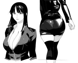 Rule 34 | 1girl, ass, black hair, boots, breasts, closed mouth, collarbone, collared dress, dress, from behind, greyscale, jacket, large breasts, long hair, monochrome, nico robin, one piece, pomki, simple background, skirt, solo, thigh boots