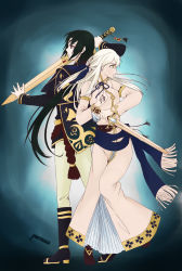 Rule 34 | 1boy, 1girl, alternate costume, artist name, back-to-back, belt, birthmark, black hair, boots, brown eyes, dress, facial mark, fighting stance, fire emblem, fire emblem: radiant dawn, forehead mark, grey hair, half updo, highres, holding, holding sword, holding weapon, left-handed, long dress, long hair, long sleeves, looking to the side, micaiah (fire emblem), nintendo, no gloves, pastecola, reverse grip, short sword, simple background, soren (fire emblem), spoilers, sword, very long hair, weapon, yellow eyes