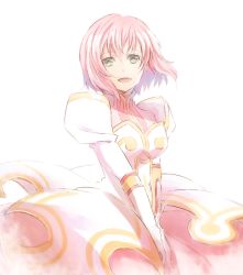 Rule 34 | 1girl, :d, dress, elbow gloves, estellise sidos heurassein, floating hair, gloves, green eyes, looking at viewer, mishiro (andante), open mouth, pink hair, short hair, simple background, smile, solo, standing, tales of (series), tales of vesperia, white background, white dress, white gloves