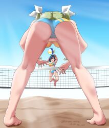 2girls absurdres anchovy_(girls_und_panzer) ass beach_volleyball bikini black_hair blush breasts drops_mint girls_und_panzer green_hair hair_ribbon highres large_breasts multiple_girls outdoors pepperoni_(girls_und_panzer) red_eyes ribbon sky swimsuit volleyball