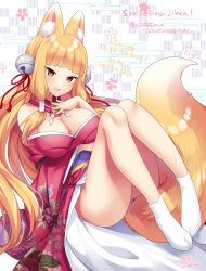 Rule 34 | 1girl, animal ear fluff, animal ears, bell, blonde hair, blue eyes, blush, breasts, character request, cleavage, closed mouth, copyright request, detached collar, fox ears, fox tail, full body, hair bell, hair ornament, highres, japanese clothes, jingle bell, kimono, large breasts, lips, long hair, looking at viewer, miyano ururu, mole, mole under eye, no panties, obi, off shoulder, red eyes, red kimono, sash, smile, solo, tabi, tail, very long hair, white legwear