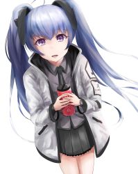 Rule 34 | 1girl, black necktie, black skirt, collared shirt, cup, cureecoolan, drinking straw, grey hair, grey shirt, holding, holding cup, hood, hooded jacket, muv-luv: dimensions, jacket, looking at viewer, muv-luv, muv-luv alternative, necktie, purple eyes, shirt, skirt, smile, solo, twintails, watch, white background, white jacket, wristwatch, yashiro kasumi