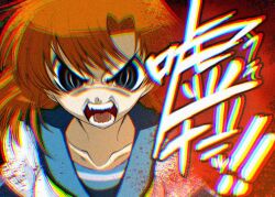 Rule 34 | !, !!, 1girl, angry, blue eyes, blue sailor collar, bright pupils, close-up, collarbone, commentary, fangs, furious, grimace, hair between eyes, higurashi no naku koro ni, looking at viewer, medium hair, official art, open mouth, orange hair, red background, ryuuguu rena, sailor collar, simple background, slit pupils, solo, suzuragi karin, teeth, translated, v-shaped eyebrows, white pupils