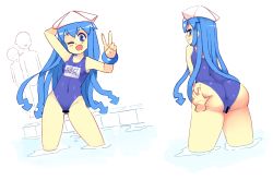 Rule 34 | ;d, anus, ass, ass grab, bar censor, blue eyes, blue hair, blush, bodypaint, breasts, censored, disembodied hand, exhibitionism, ikamusume, long hair, multiple views, naked paint, navel, one eye closed, open mouth, painted clothes, partially submerged, pool, public indecency, rtil, school swimsuit, shinryaku! ikamusume, small breasts, smile, solo focus, swimsuit, tentacle hair, v, white headwear