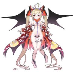 Rule 34 | 1girl, absurdly long hair, absurdres, ahoge, bat wings, black nails, black wings, breasts, brown sleeves, closed mouth, commentary request, detached sleeves, egasumi, fang, fang out, feet, fingernails, full body, groin, highres, light brown hair, long hair, long sleeves, looking at viewer, medium breasts, nail polish, original, print sleeves, red eyes, revealing clothes, short eyebrows, simple background, skindentation, sleeves past wrists, solo, standing, standing on one leg, templus, thick eyebrows, thigh strap, tiptoes, toenails, transparent background, twintails, very long hair, white background, wide sleeves, wings