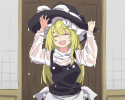 Rule 34 | :d, apron, black hair, black hat, blonde hair, braid, closed eyes, door, hat, hat ribbon, holding, holding clothes, holding hat, kirisame marisa, leon (mikiri hassha), long hair, maid apron, open mouth, raised eyebrow, ribbon, smile, tagme, teeth, touhou, wet, wet clothes, white apron, witch hat